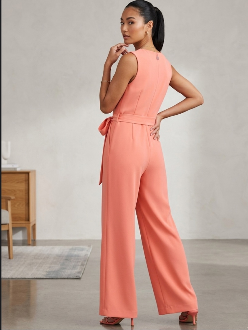 Sleeveless Coral Wide-Leg Jumpsuit with Tie Waist